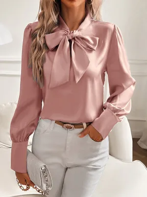 Bow Neckline Blouse with Cuffed Sleeves