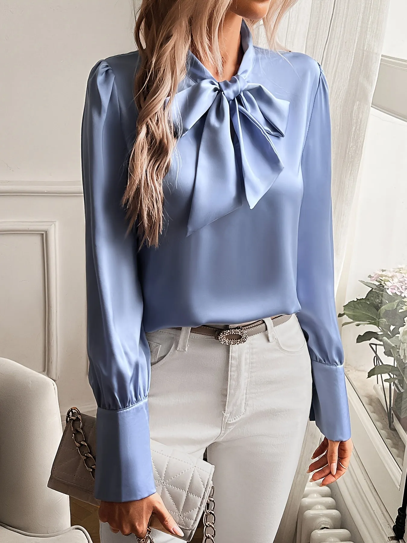 Bow Neckline Blouse with Cuffed Sleeves