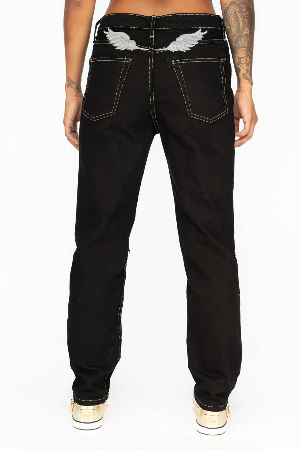 BOYFRIEND JEANS IN PURE BLACK WITH BLACK AND SILVER STUDS & CRYSTALS