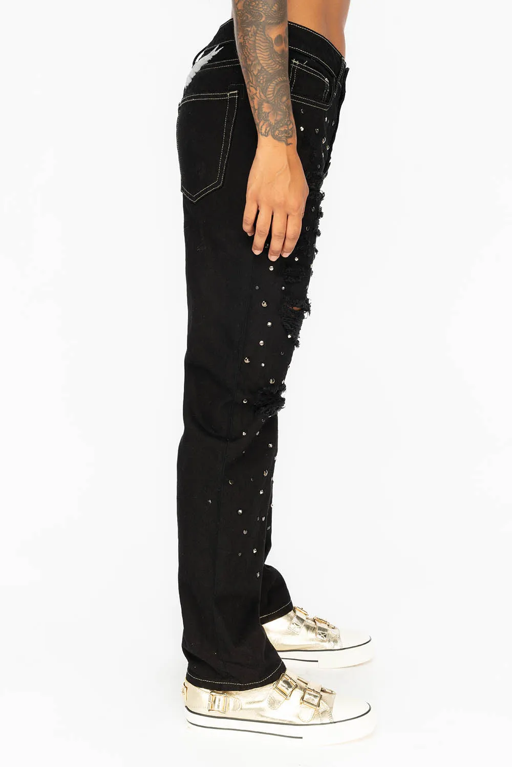 BOYFRIEND JEANS IN PURE BLACK WITH BLACK AND SILVER STUDS & CRYSTALS