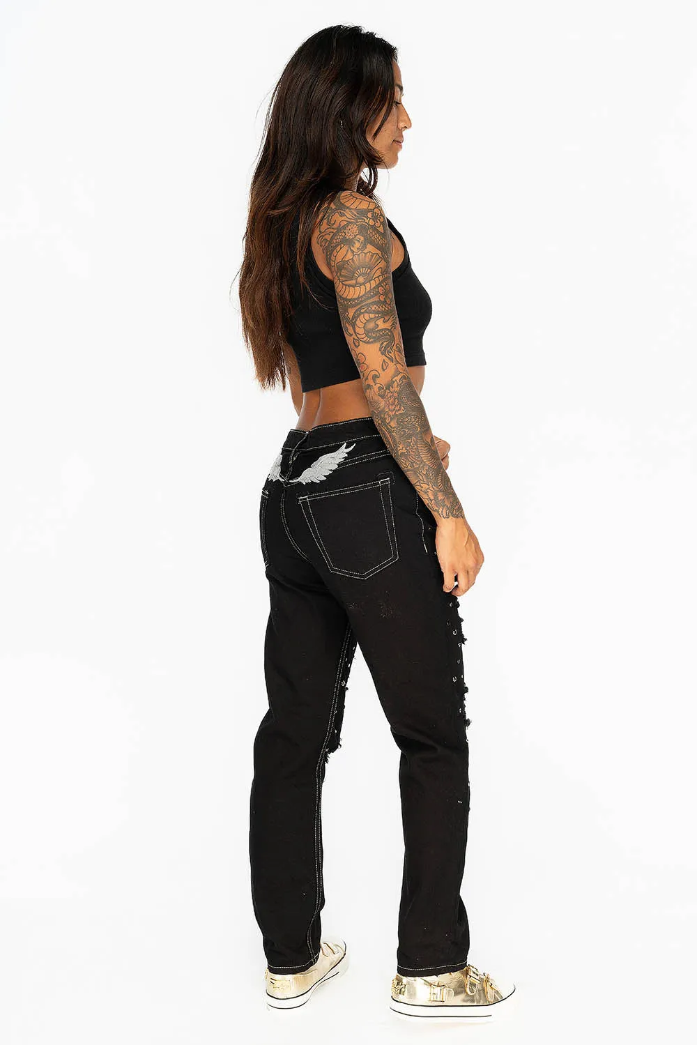 BOYFRIEND JEANS IN PURE BLACK WITH BLACK AND SILVER STUDS & CRYSTALS