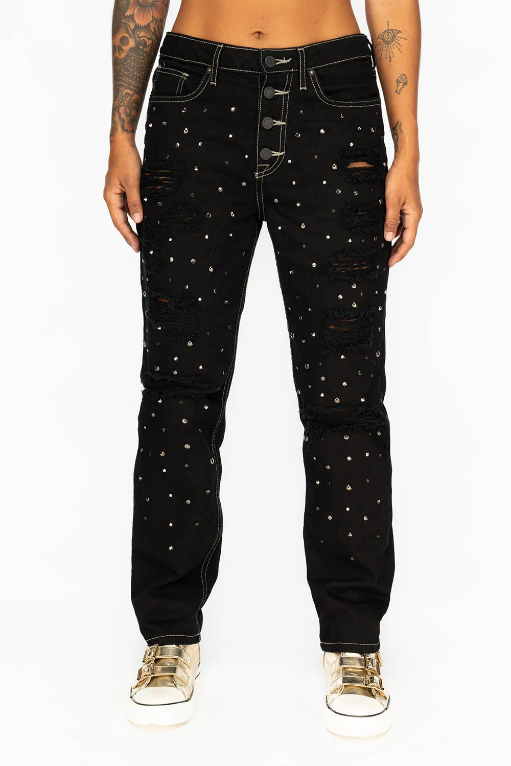 BOYFRIEND JEANS IN PURE BLACK WITH BLACK AND SILVER STUDS & CRYSTALS