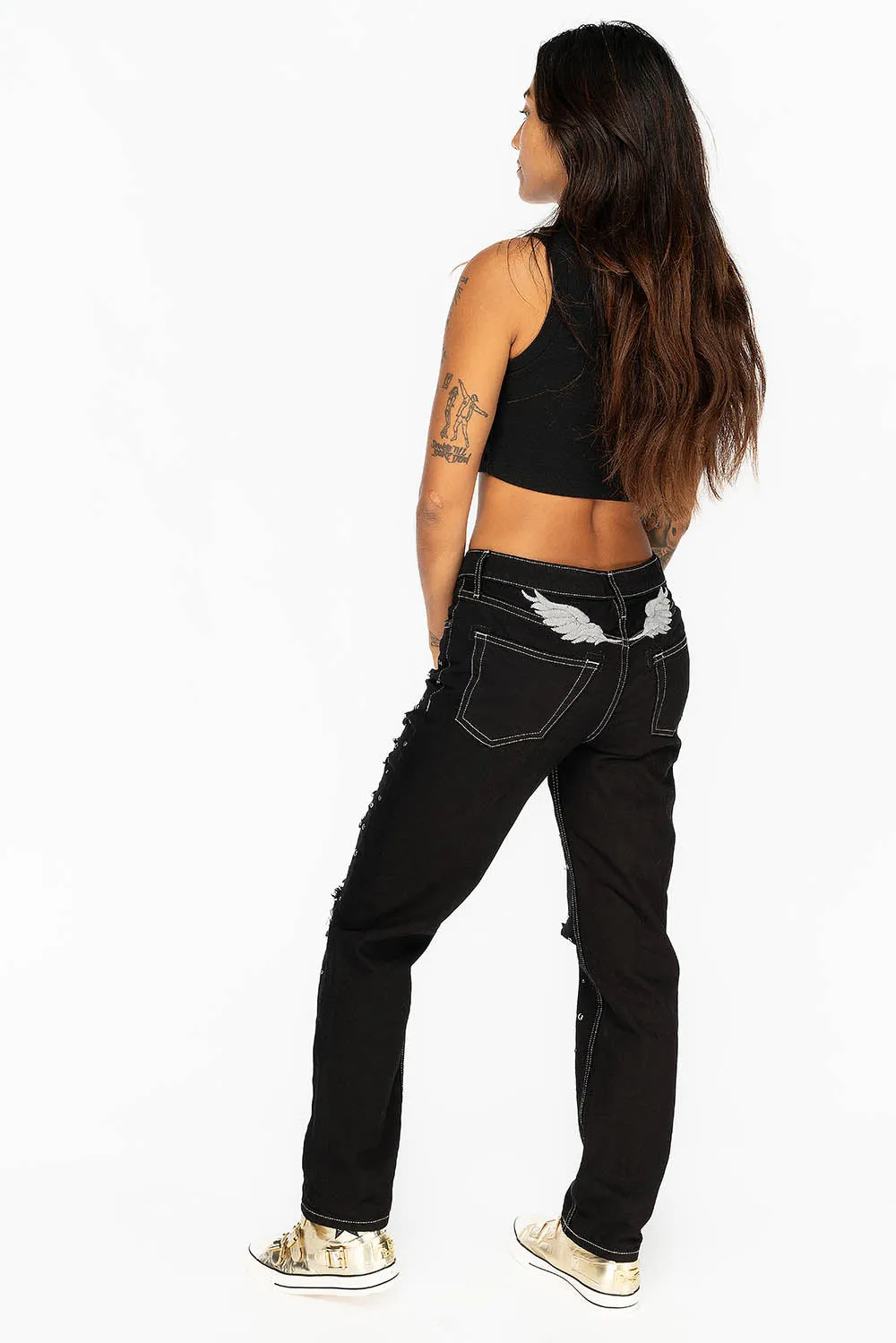 BOYFRIEND JEANS IN PURE BLACK WITH BLACK AND SILVER STUDS & CRYSTALS
