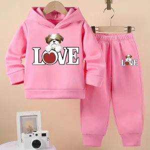Cartoon LOVE Print Baby Girl's Hooded Sweatshirt And Pants 2pcs Set, Machine Washable, Casual Style