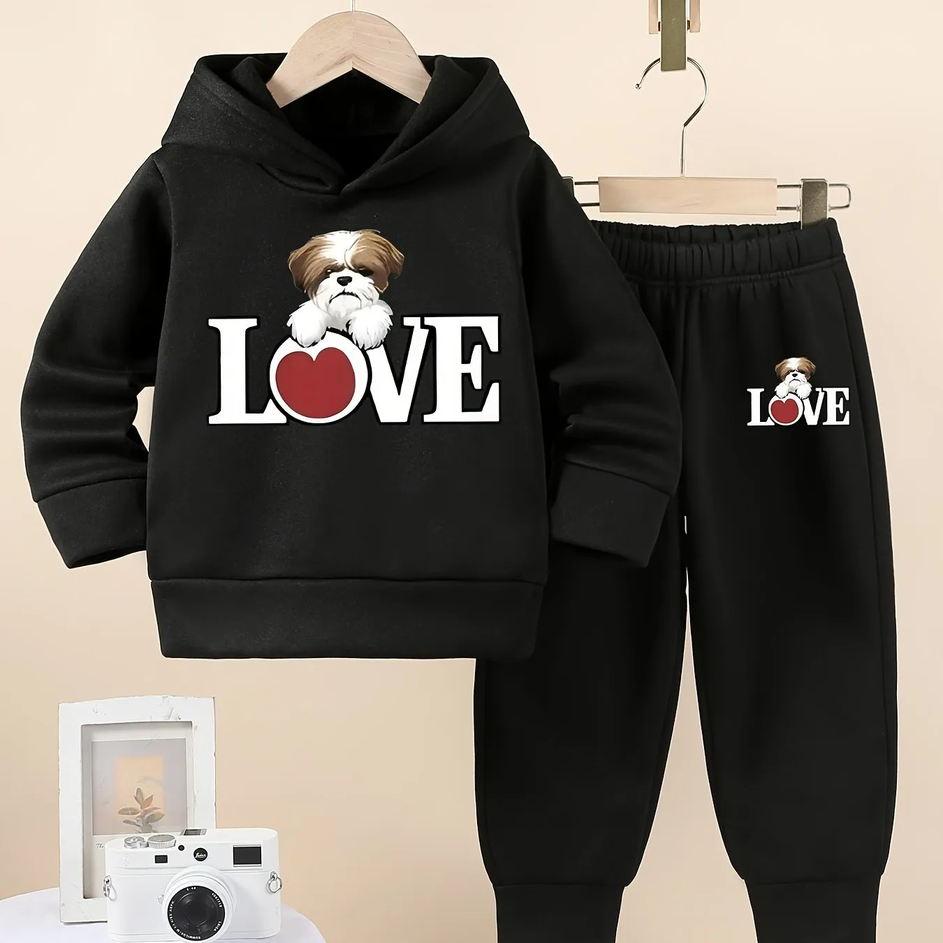 Cartoon LOVE Print Baby Girl's Hooded Sweatshirt And Pants 2pcs Set, Machine Washable, Casual Style