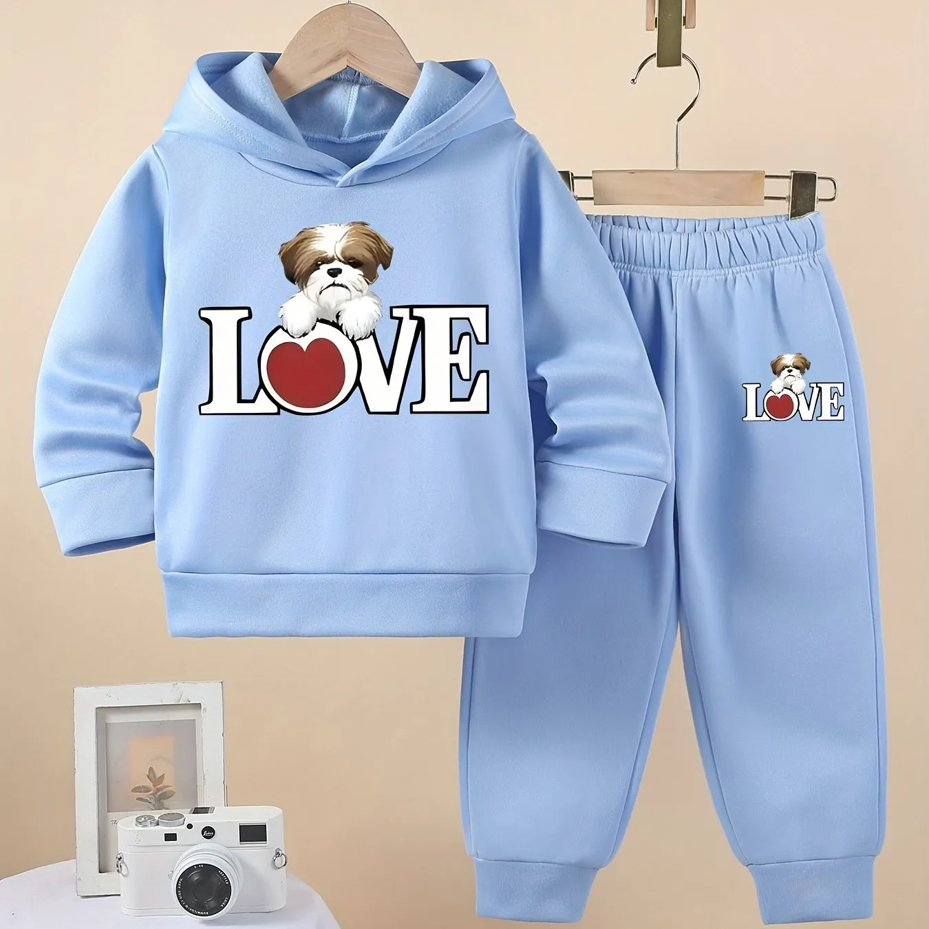 Cartoon LOVE Print Baby Girl's Hooded Sweatshirt And Pants 2pcs Set, Machine Washable, Casual Style