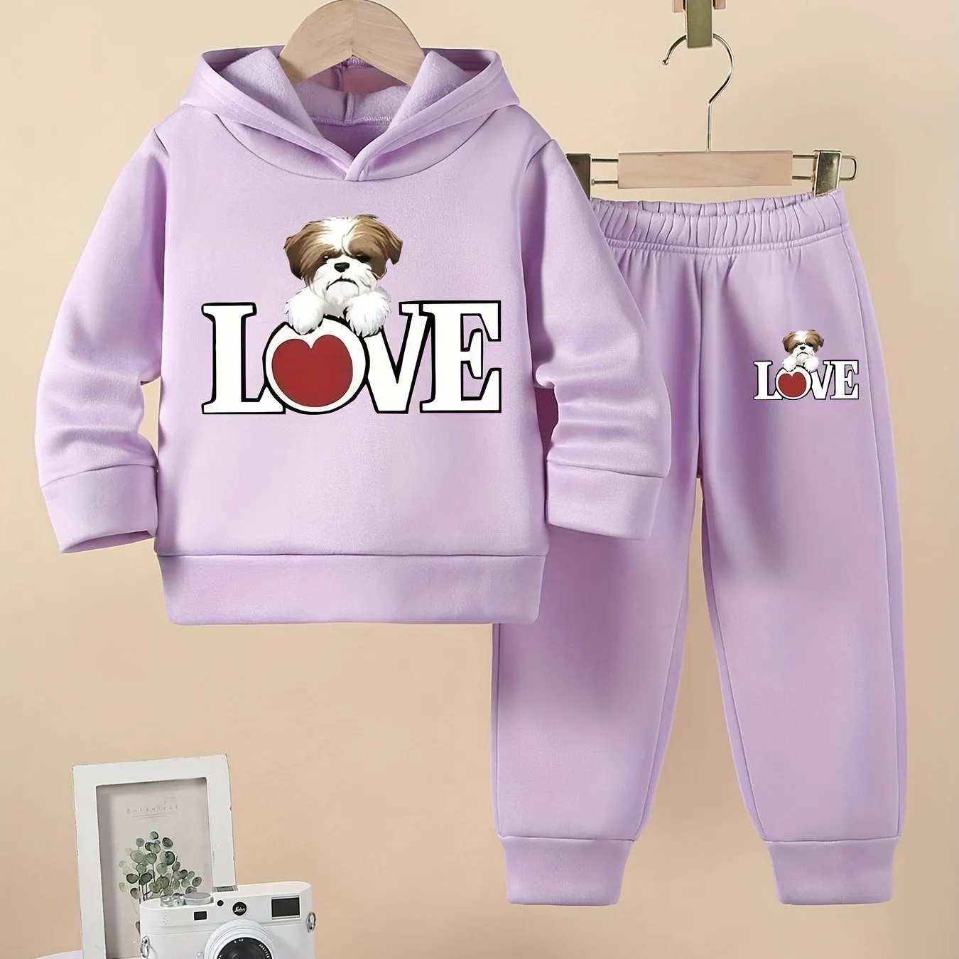 Cartoon LOVE Print Baby Girl's Hooded Sweatshirt And Pants 2pcs Set, Machine Washable, Casual Style