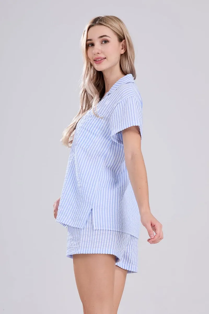 Chouyatou Womens Striped Pajama Set Cute Heart Pjs Sleepwear Short Sleeve Shirt and Shorts Set