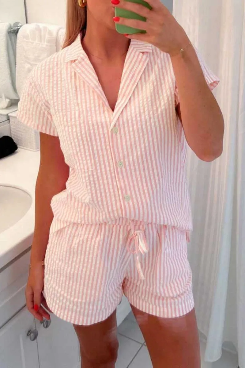 Chouyatou Womens Striped Pajama Set Cute Heart Pjs Sleepwear Short Sleeve Shirt and Shorts Set