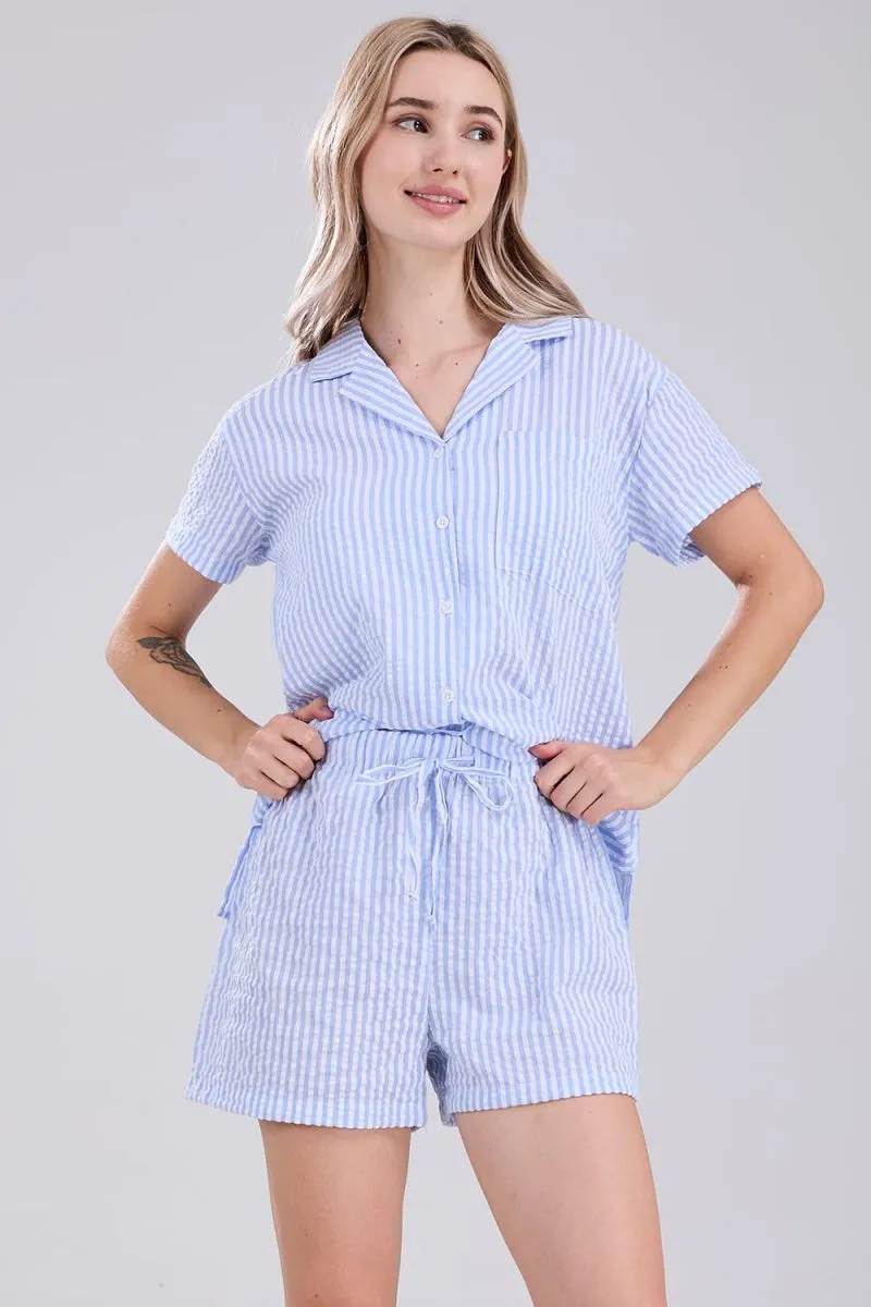 Chouyatou Womens Striped Pajama Set Cute Heart Pjs Sleepwear Short Sleeve Shirt and Shorts Set
