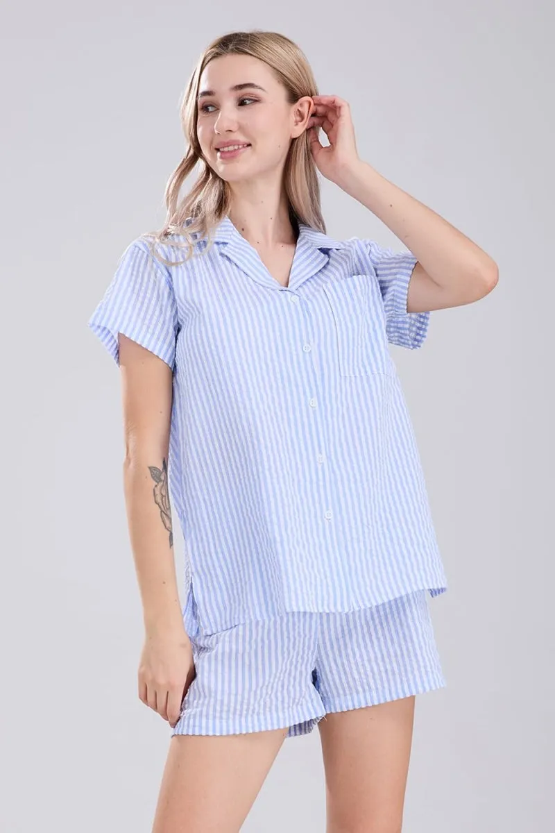 Chouyatou Womens Striped Pajama Set Cute Heart Pjs Sleepwear Short Sleeve Shirt and Shorts Set