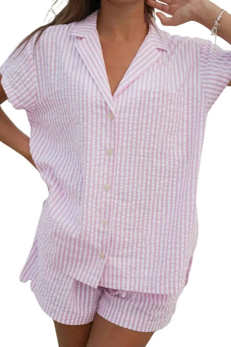 Chouyatou Womens Striped Pajama Set Cute Heart Pjs Sleepwear Short Sleeve Shirt and Shorts Set