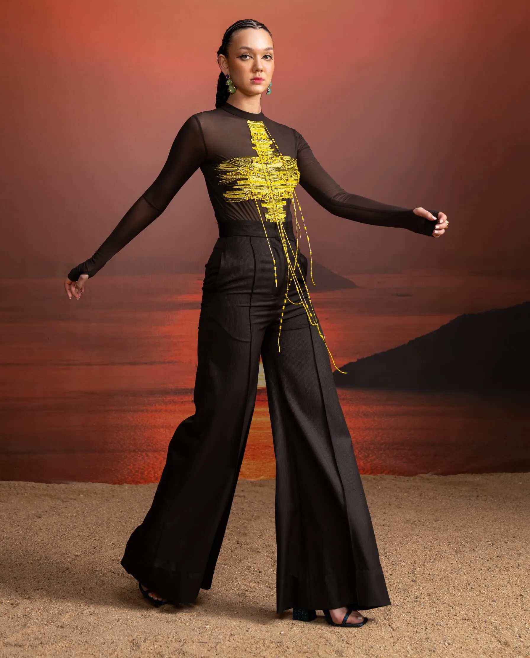 Dark brown pinstriped pant and bodysuit