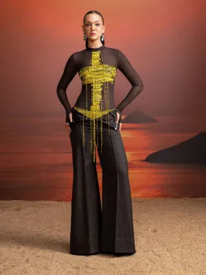 Dark brown pinstriped pant and bodysuit