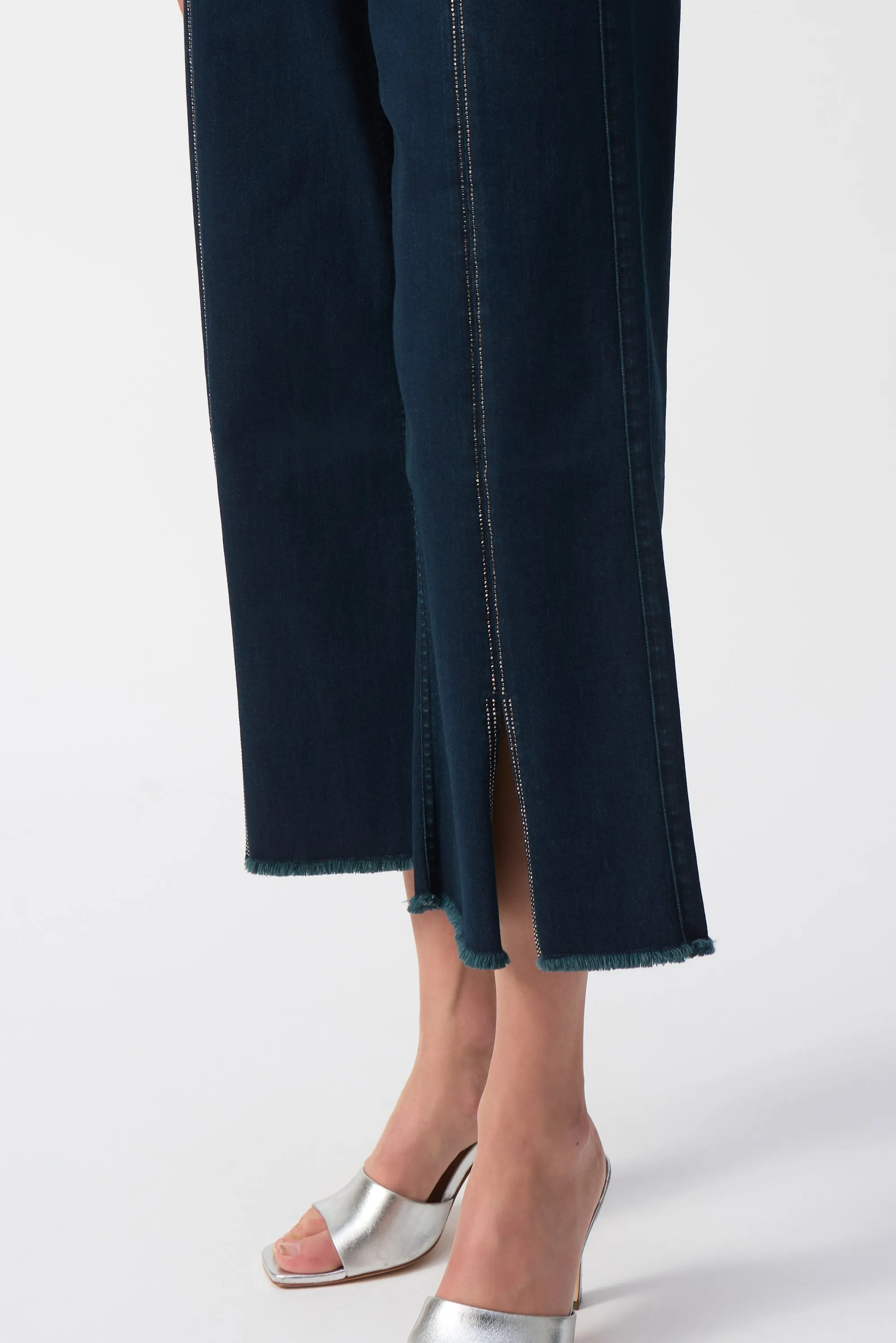 Dark Denim Blue Culotte Jeans With Embellished Front Seam