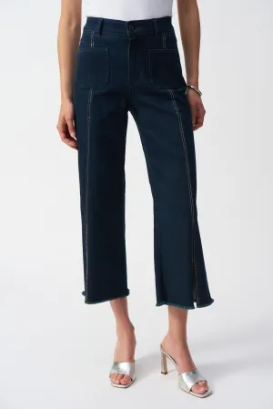 Dark Denim Blue Culotte Jeans With Embellished Front Seam