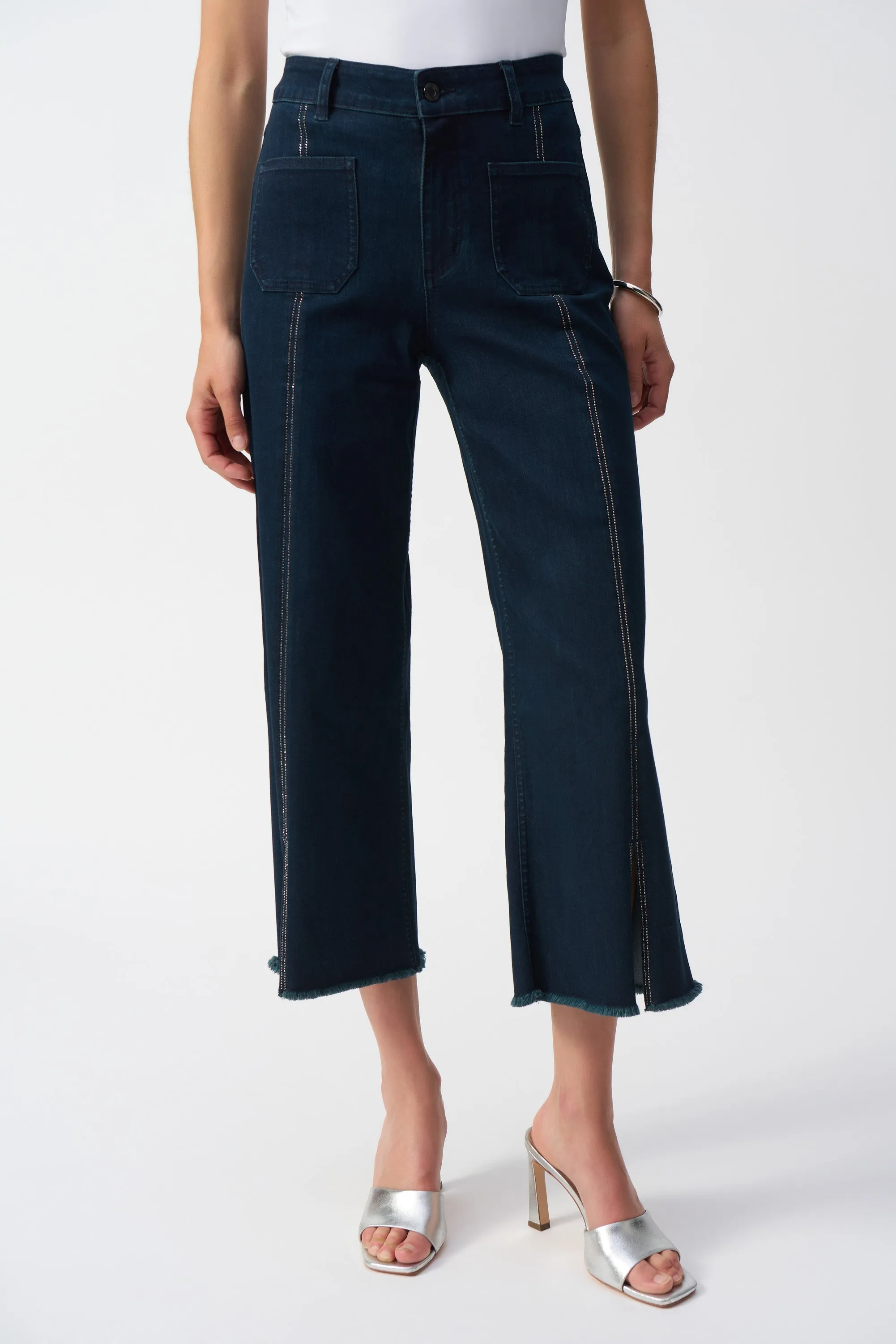 Dark Denim Blue Culotte Jeans With Embellished Front Seam