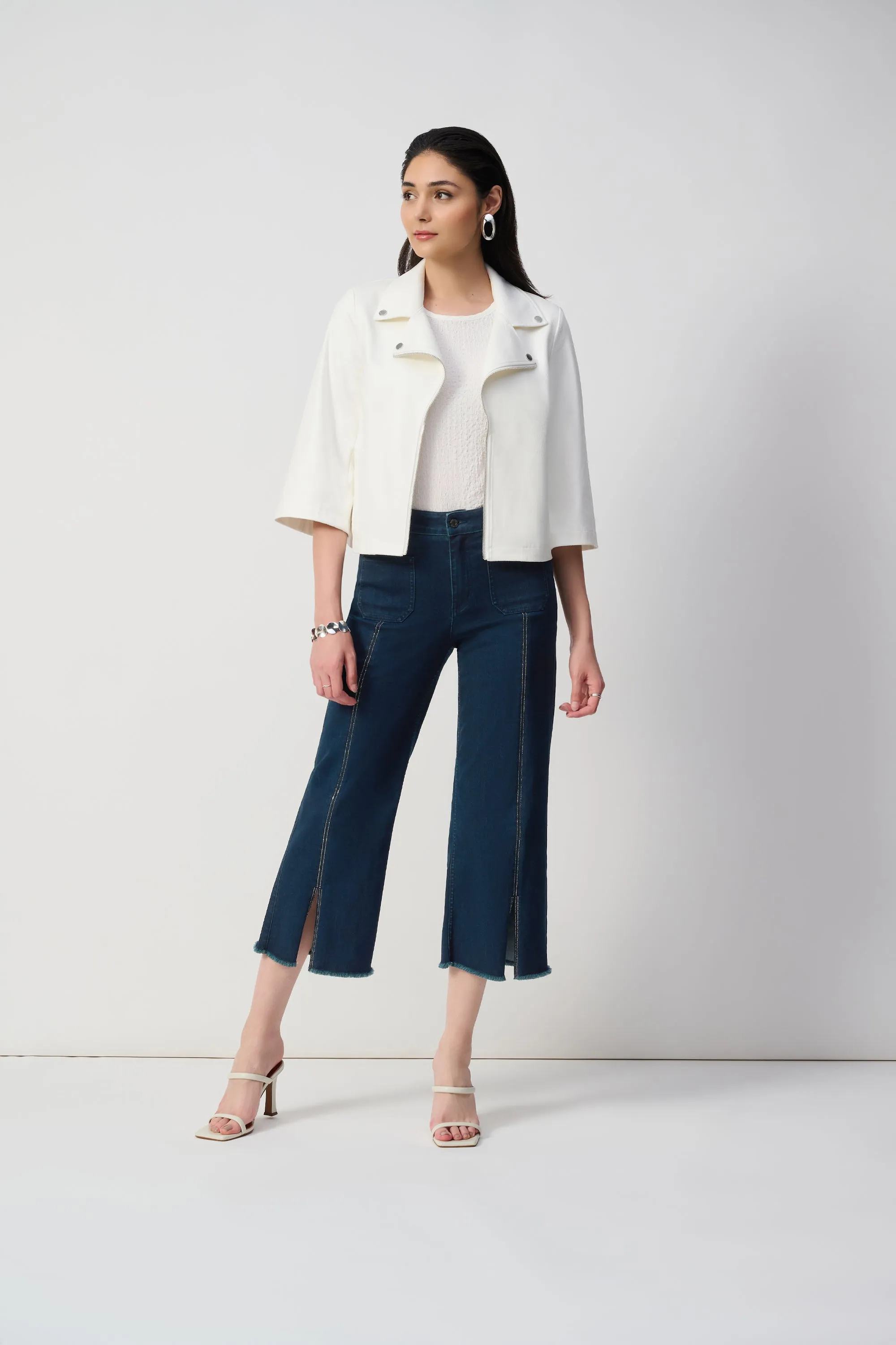 Dark Denim Blue Culotte Jeans With Embellished Front Seam
