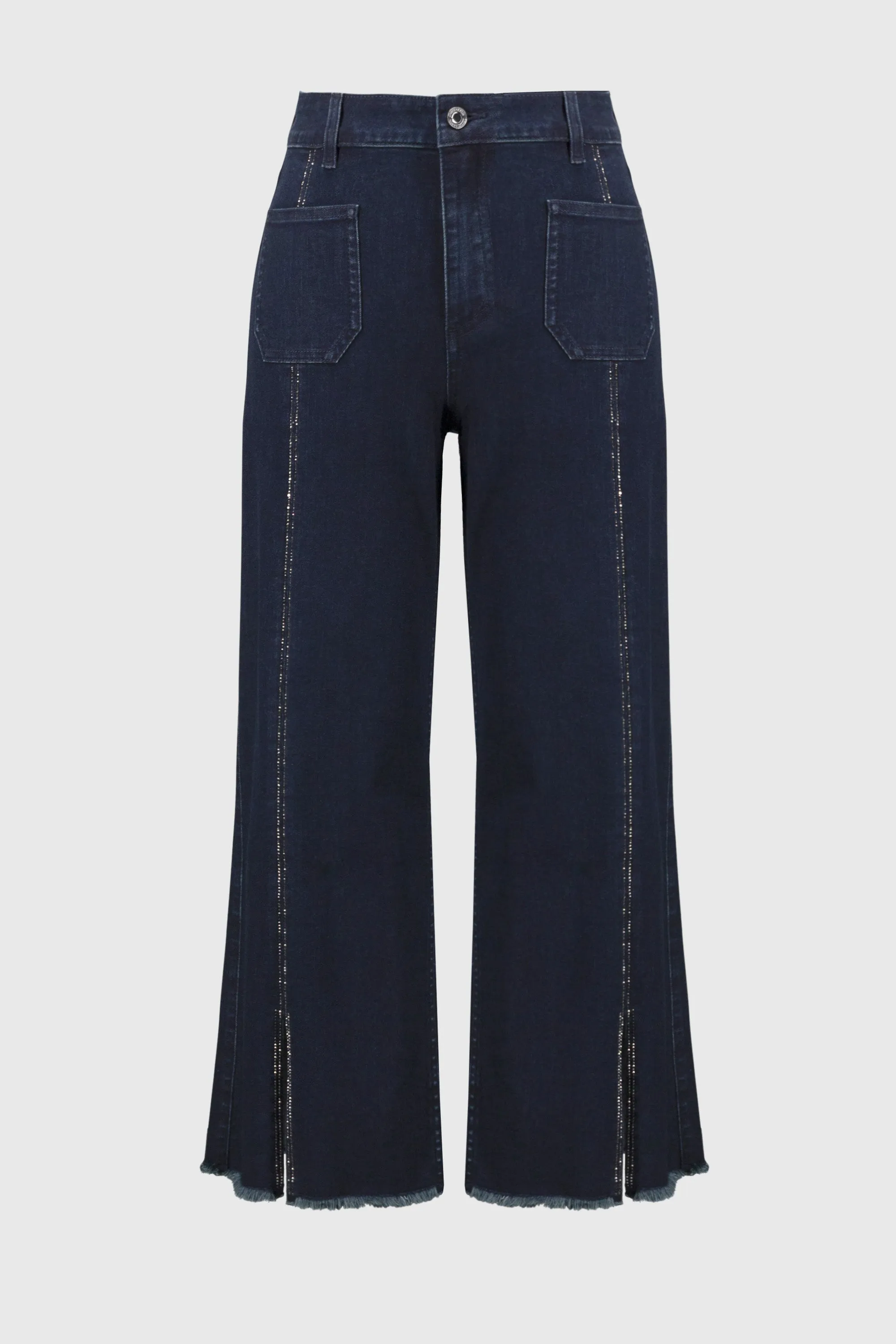 Dark Denim Blue Culotte Jeans With Embellished Front Seam