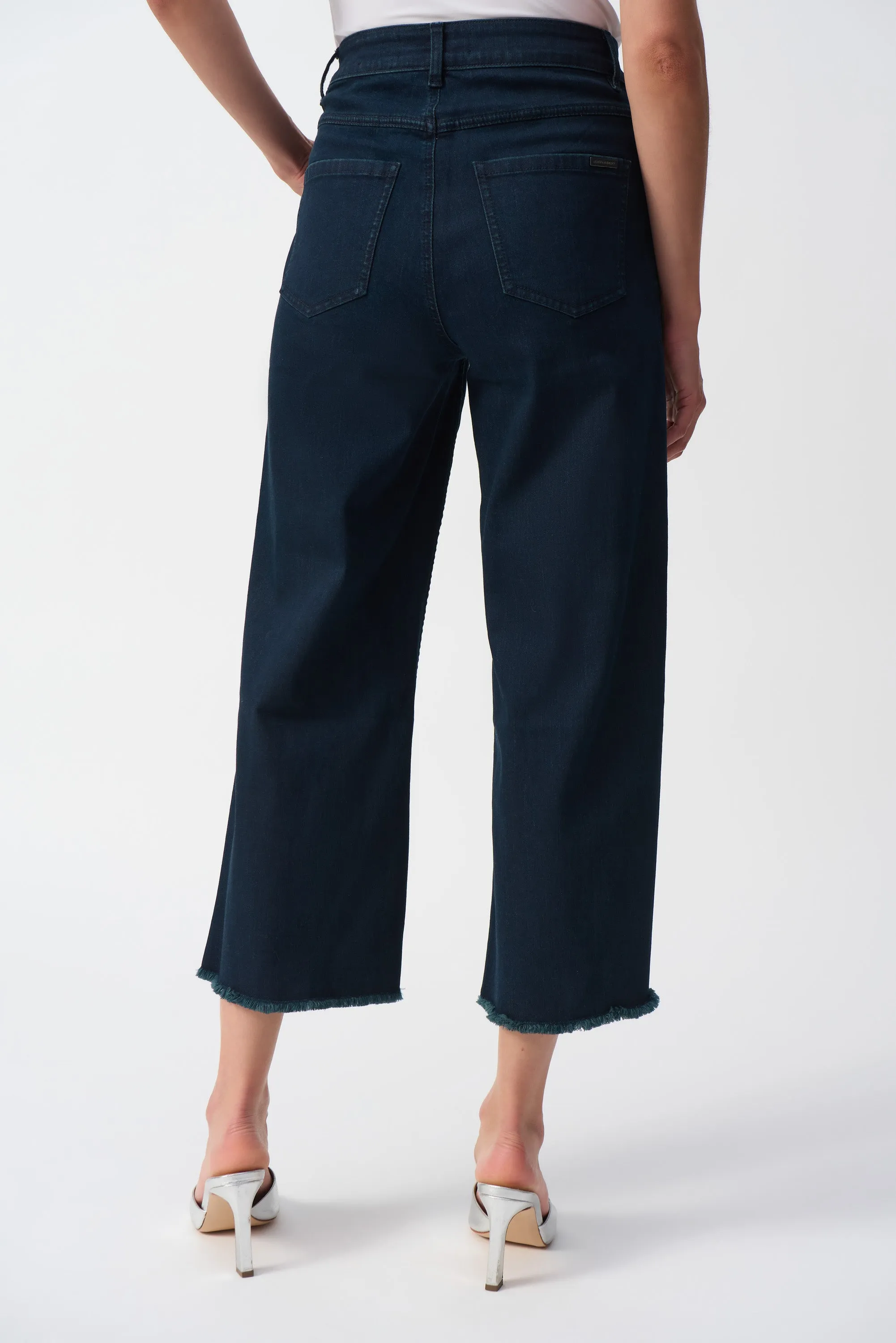 Dark Denim Blue Culotte Jeans With Embellished Front Seam
