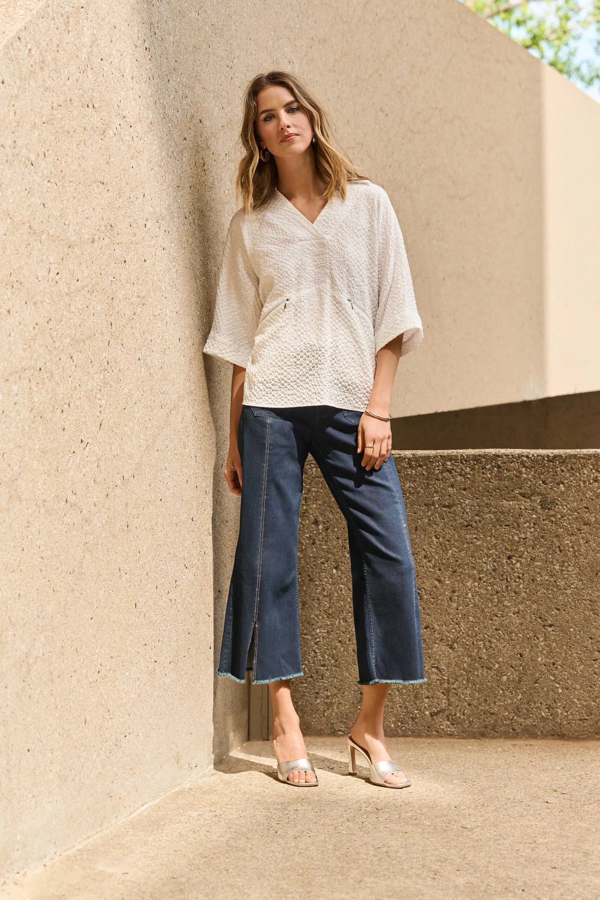 Dark Denim Blue Culotte Jeans With Embellished Front Seam