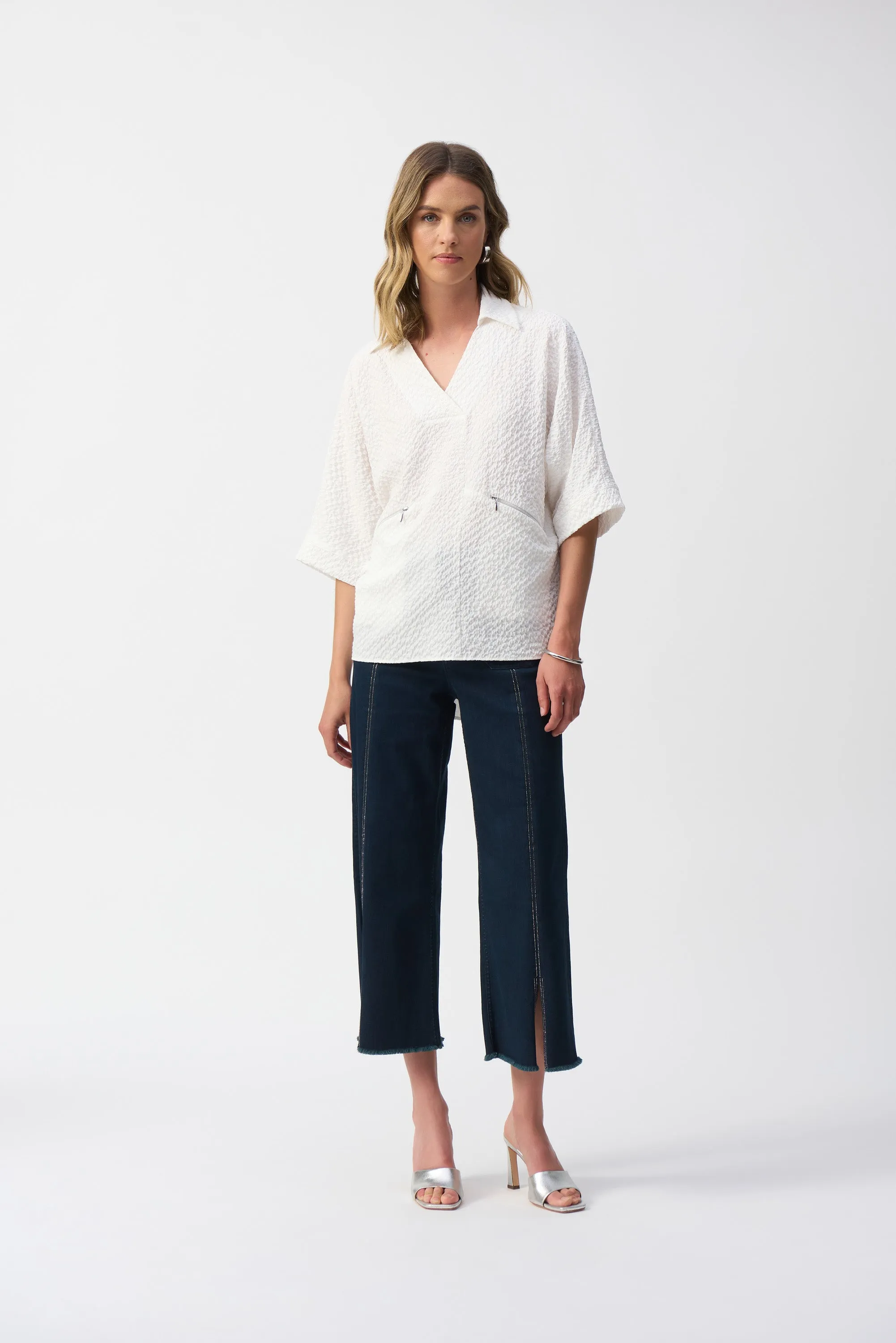 Dark Denim Blue Culotte Jeans With Embellished Front Seam