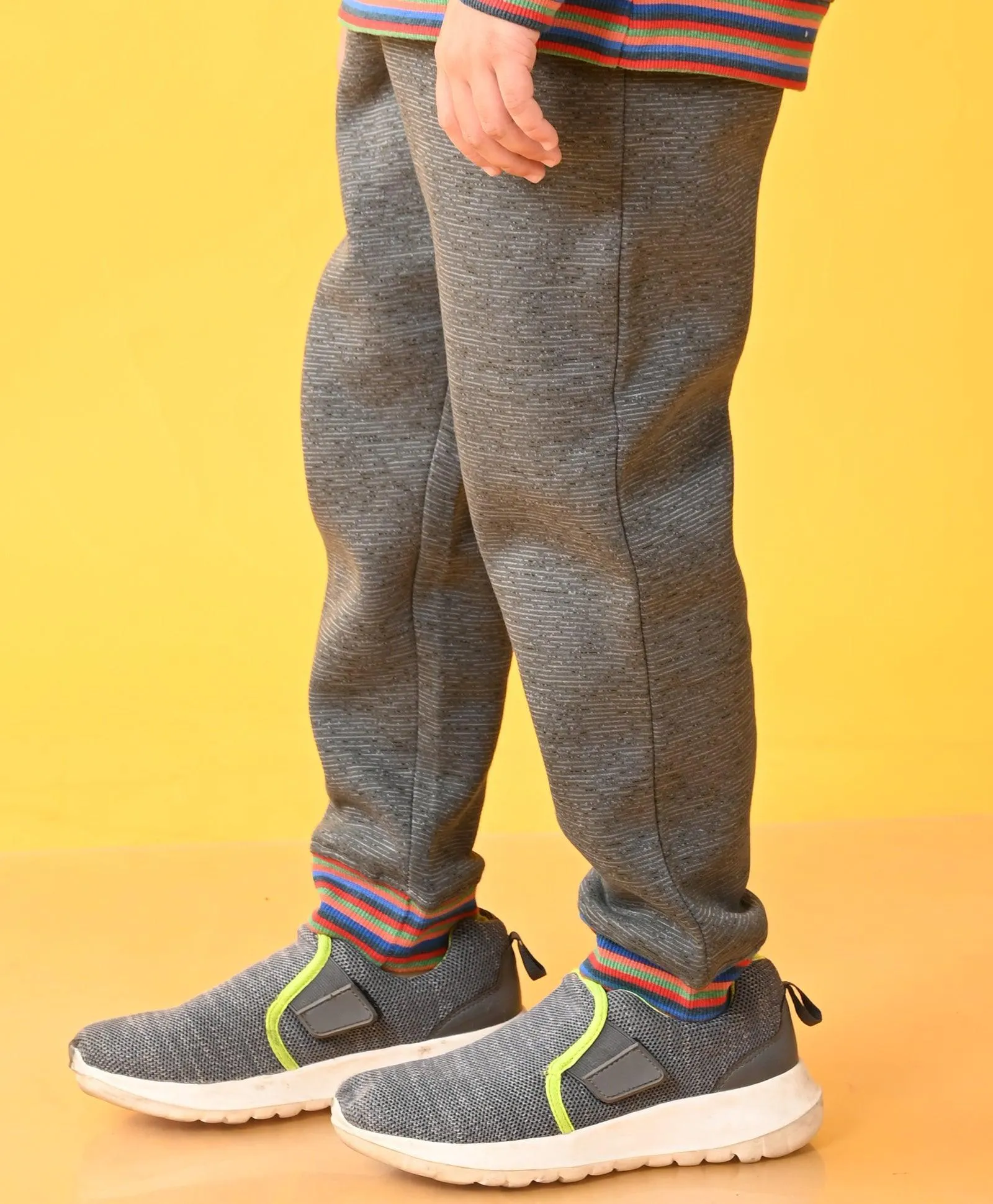 DARK GREY MELANGE FLEECE MULTICOLOR RIB JOGGER - GREY