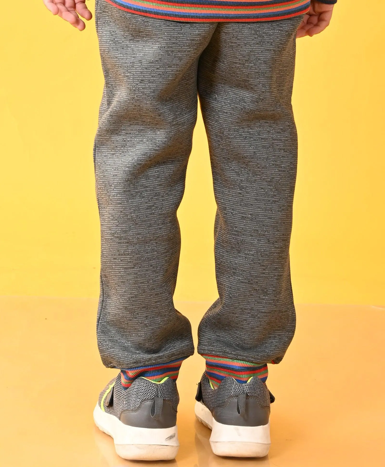 DARK GREY MELANGE FLEECE MULTICOLOR RIB JOGGER - GREY