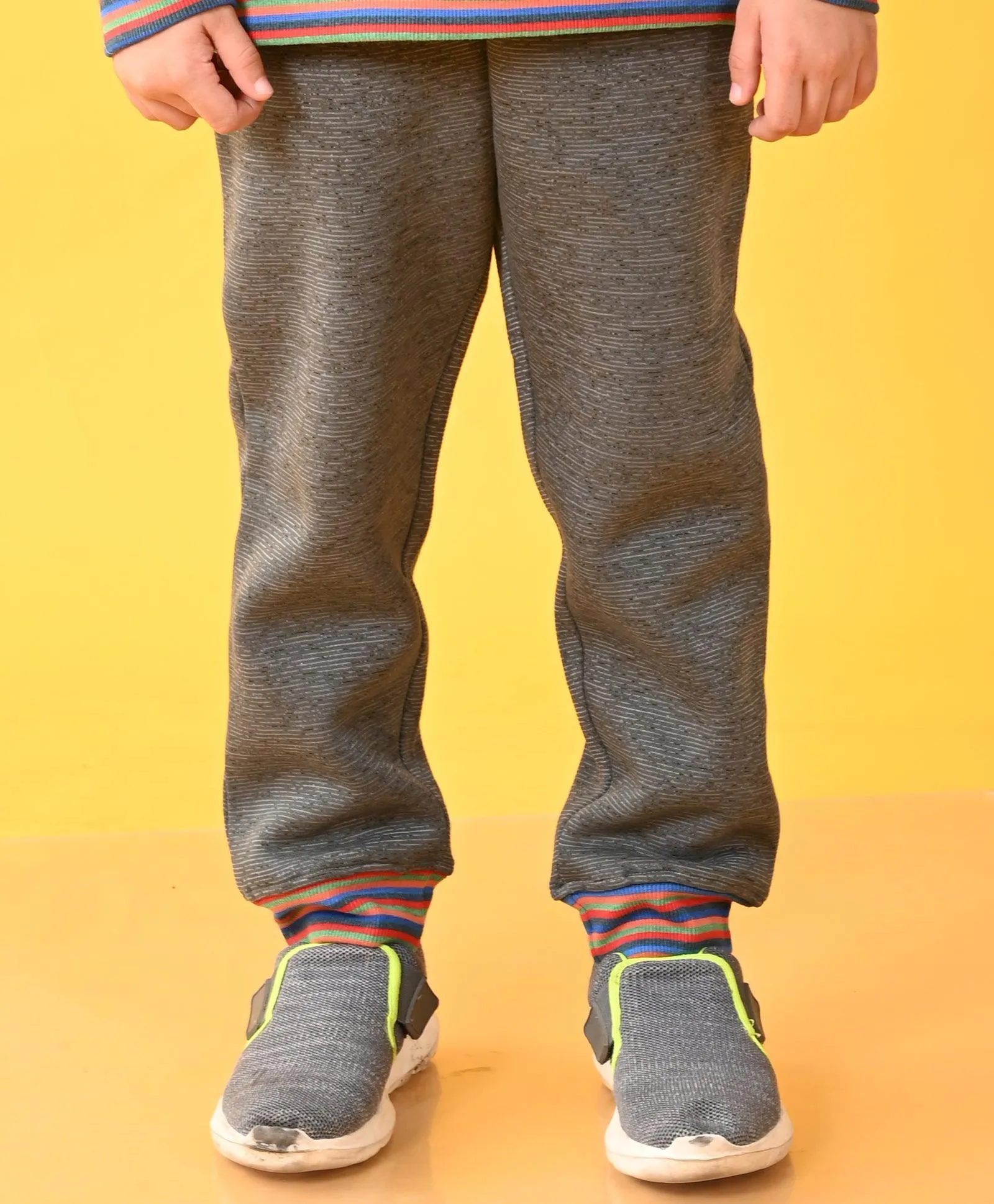 DARK GREY MELANGE FLEECE MULTICOLOR RIB JOGGER - GREY