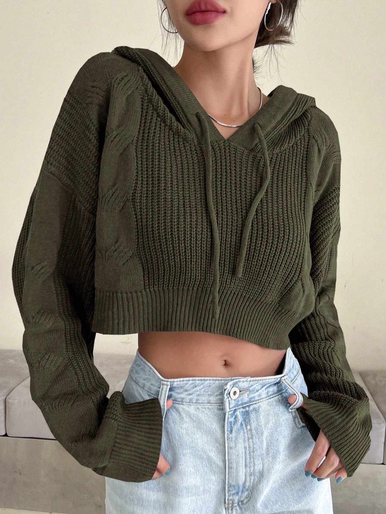 DAZY Solid Drop Shoulder Drawstring Hooded Crop Sweater