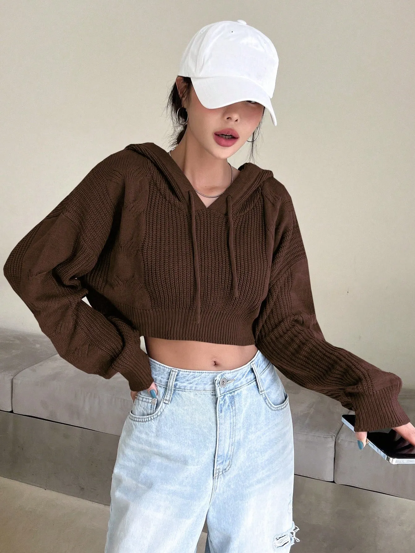 DAZY Solid Drop Shoulder Drawstring Hooded Crop Sweater