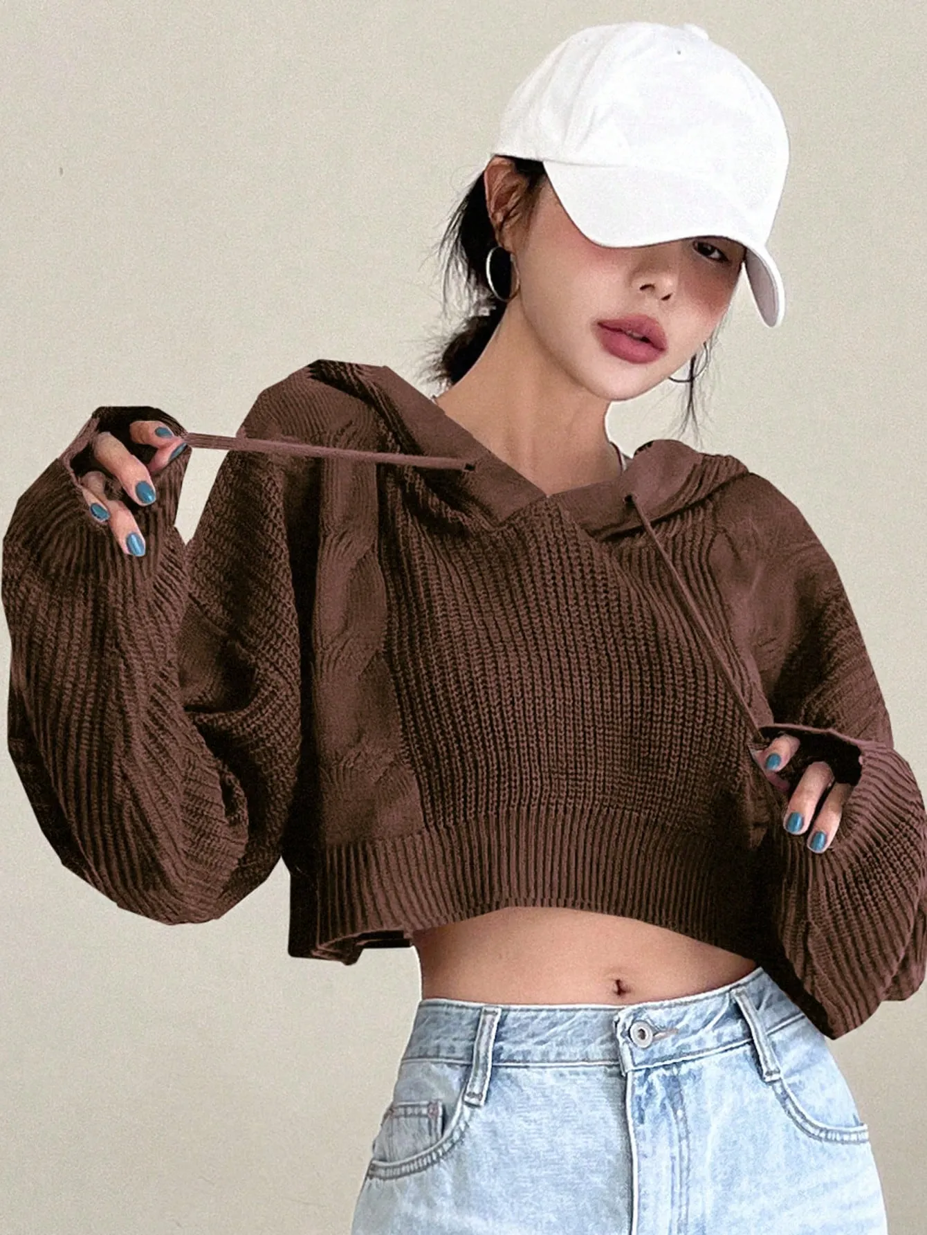 DAZY Solid Drop Shoulder Drawstring Hooded Crop Sweater