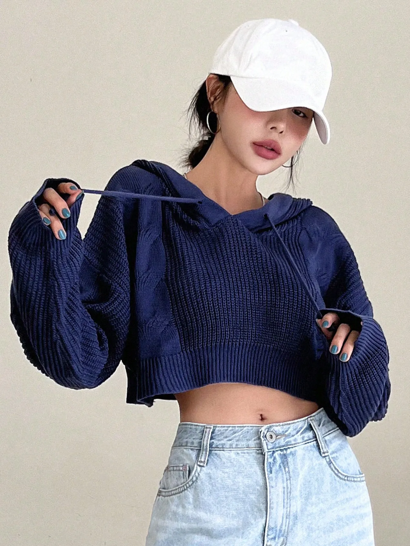 DAZY Solid Drop Shoulder Drawstring Hooded Crop Sweater