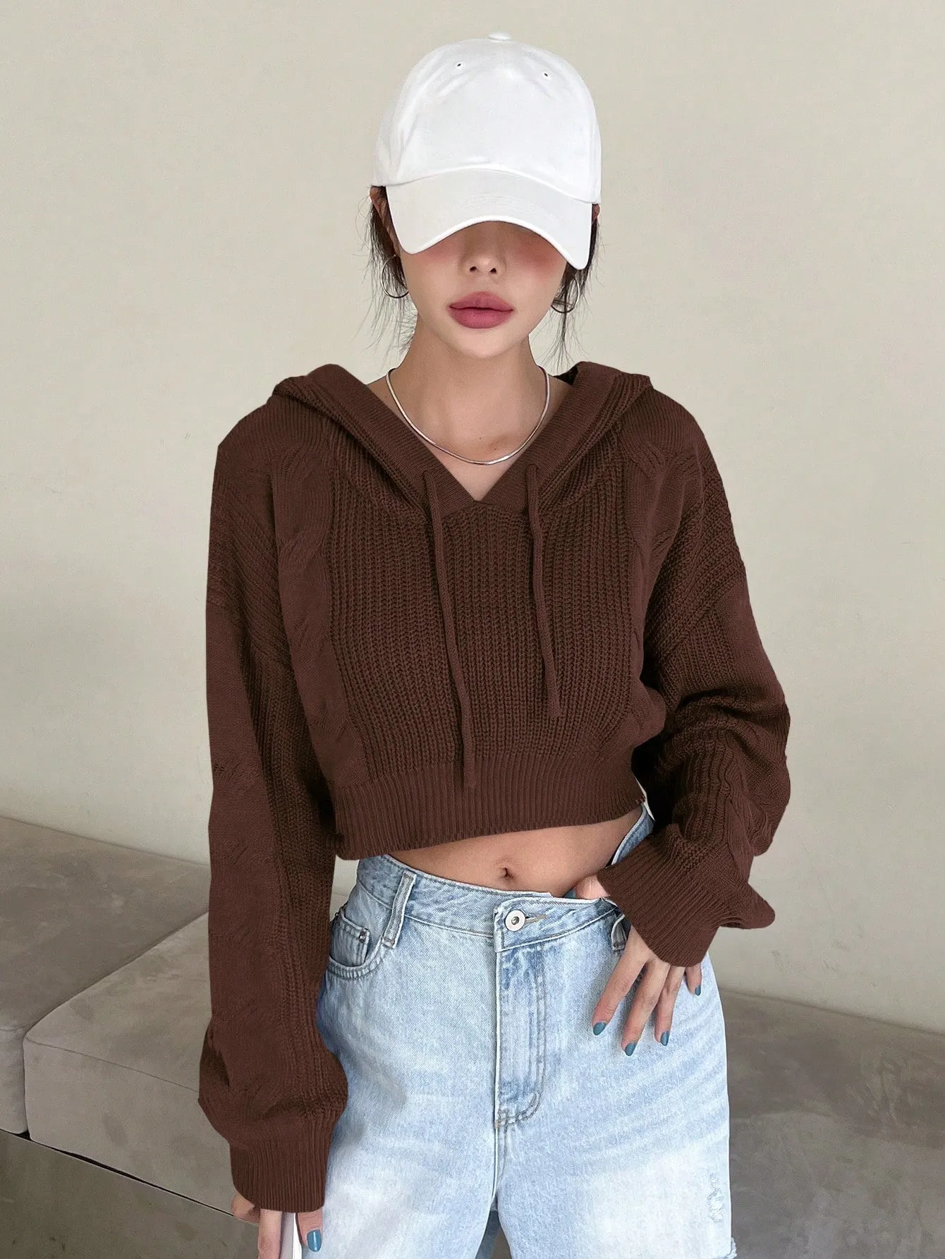 DAZY Solid Drop Shoulder Drawstring Hooded Crop Sweater