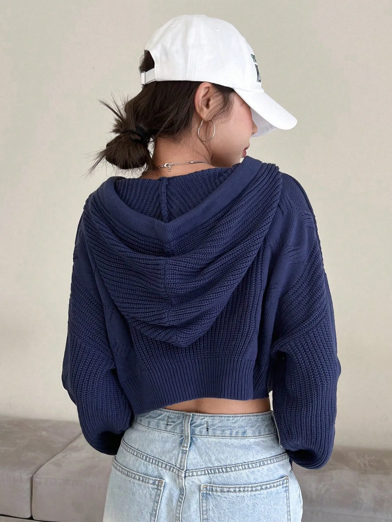 DAZY Solid Drop Shoulder Drawstring Hooded Crop Sweater