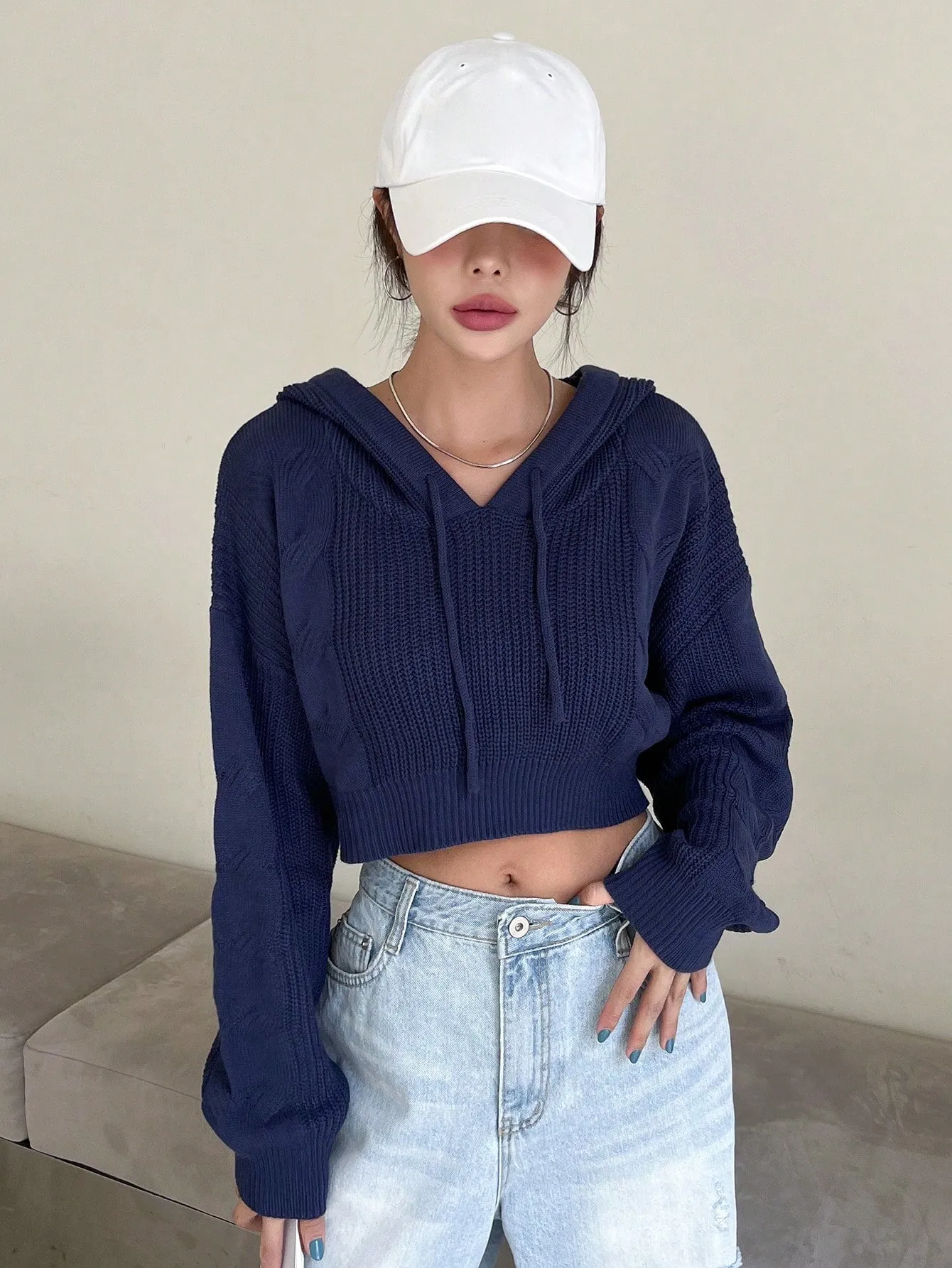 DAZY Solid Drop Shoulder Drawstring Hooded Crop Sweater