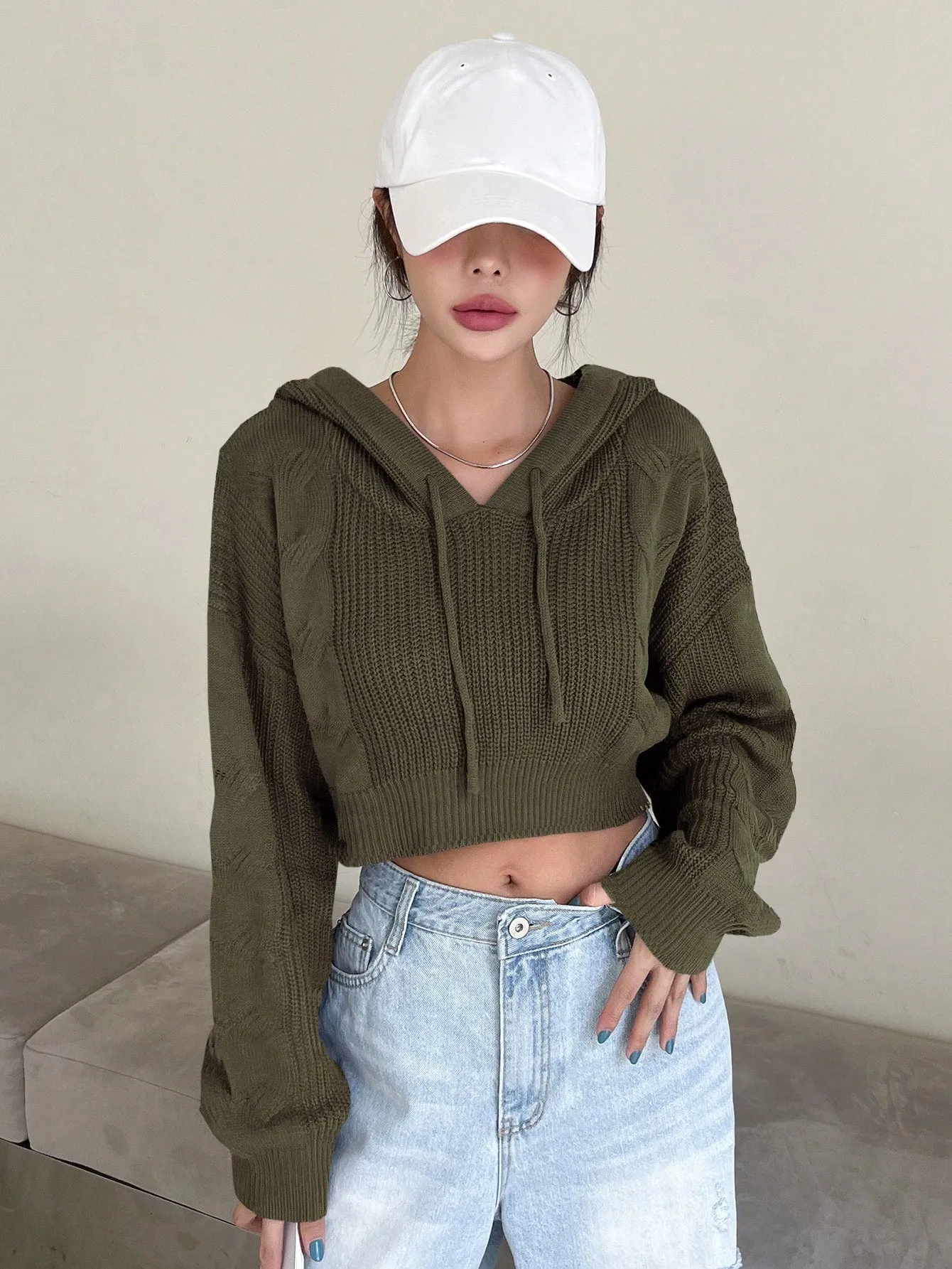 DAZY Solid Drop Shoulder Drawstring Hooded Crop Sweater
