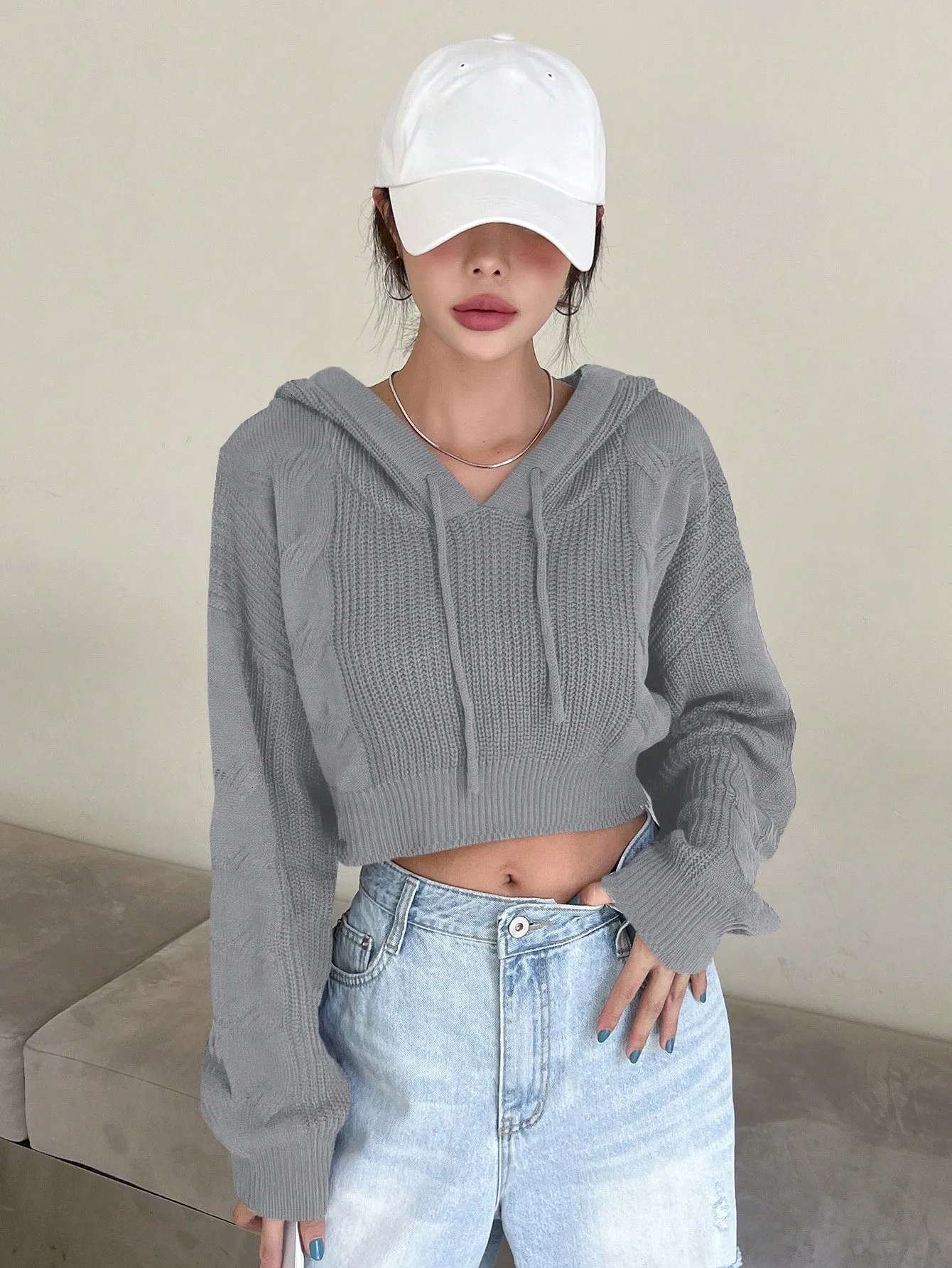 DAZY Solid Drop Shoulder Drawstring Hooded Crop Sweater