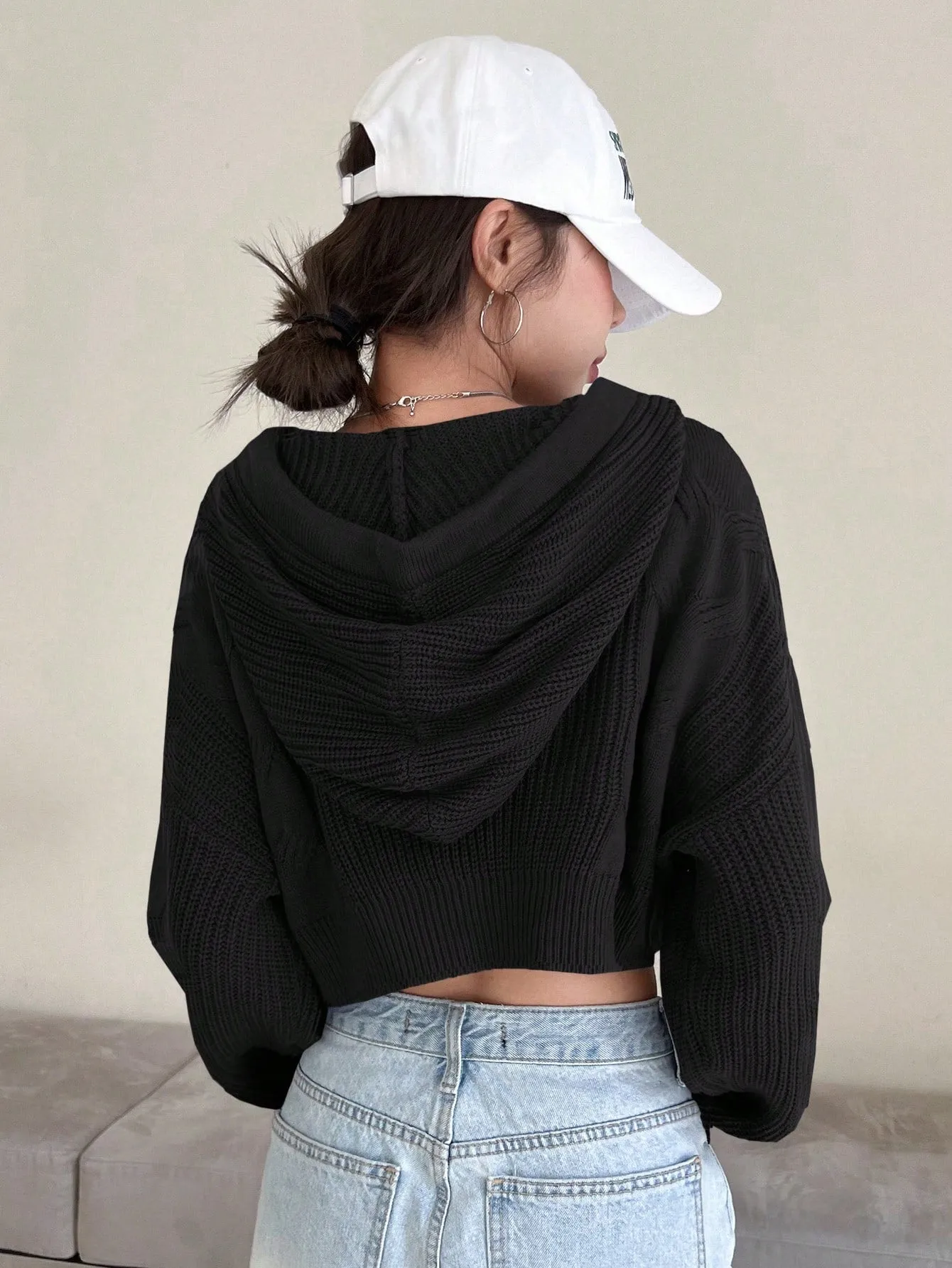 DAZY Solid Drop Shoulder Drawstring Hooded Crop Sweater