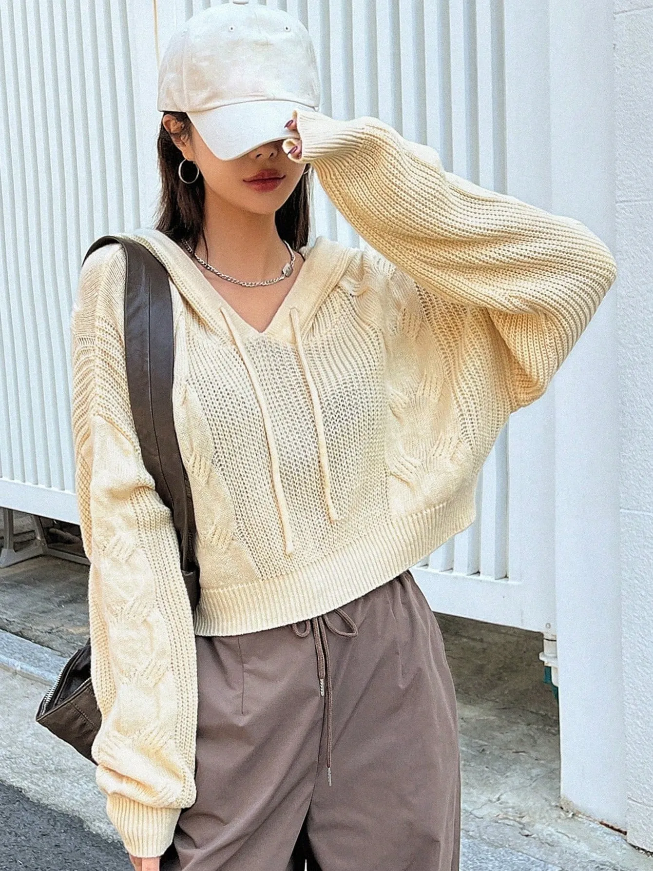DAZY Solid Drop Shoulder Drawstring Hooded Crop Sweater