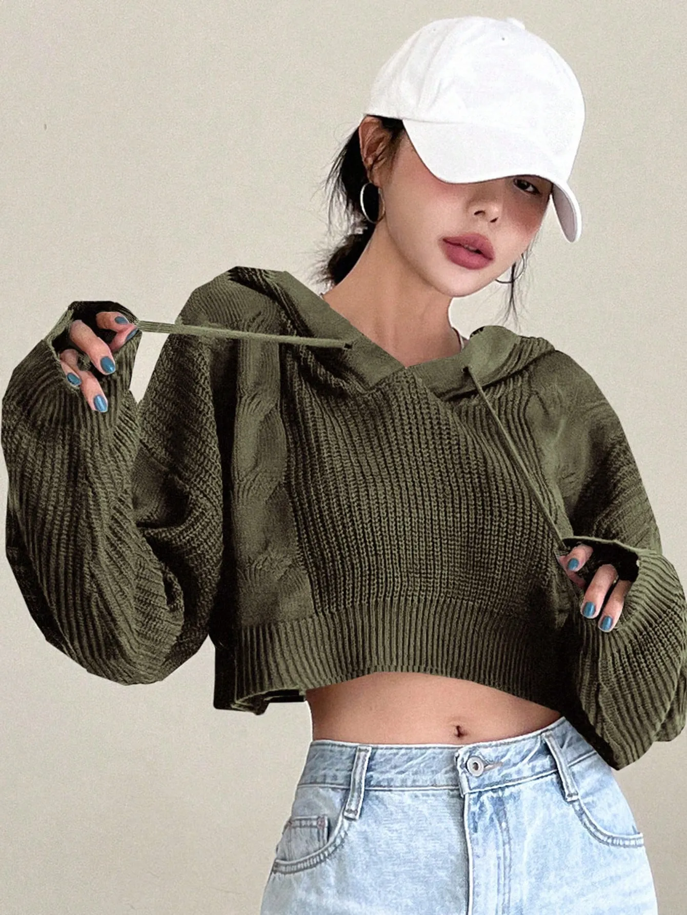 DAZY Solid Drop Shoulder Drawstring Hooded Crop Sweater