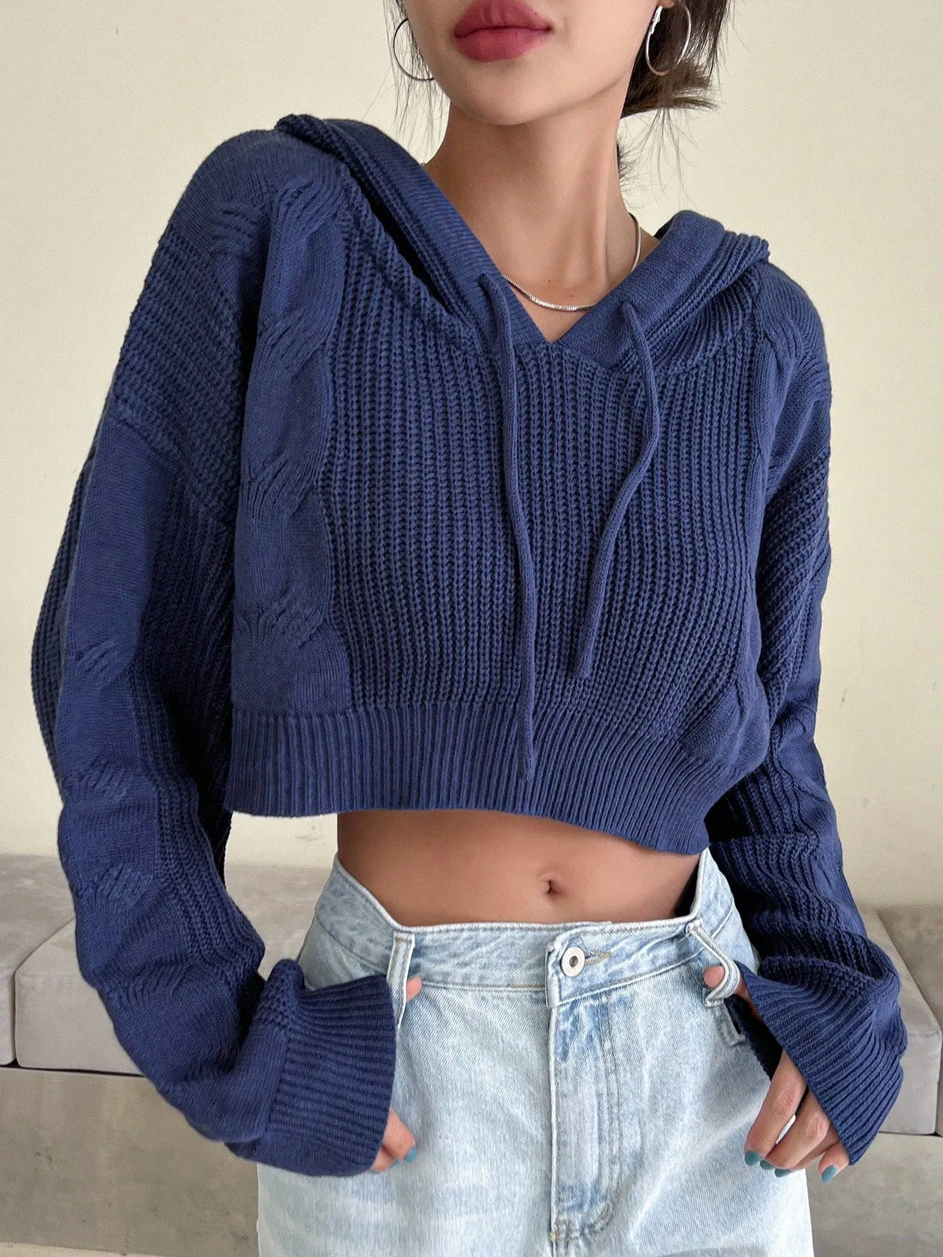 DAZY Solid Drop Shoulder Drawstring Hooded Crop Sweater