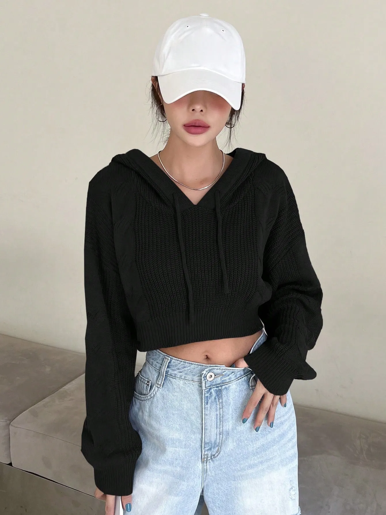 DAZY Solid Drop Shoulder Drawstring Hooded Crop Sweater