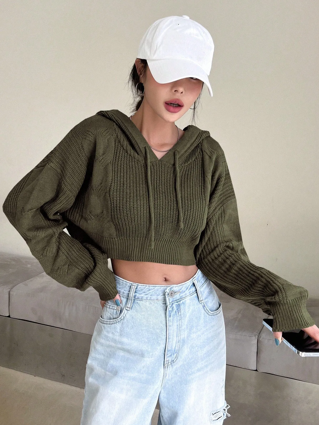 DAZY Solid Drop Shoulder Drawstring Hooded Crop Sweater