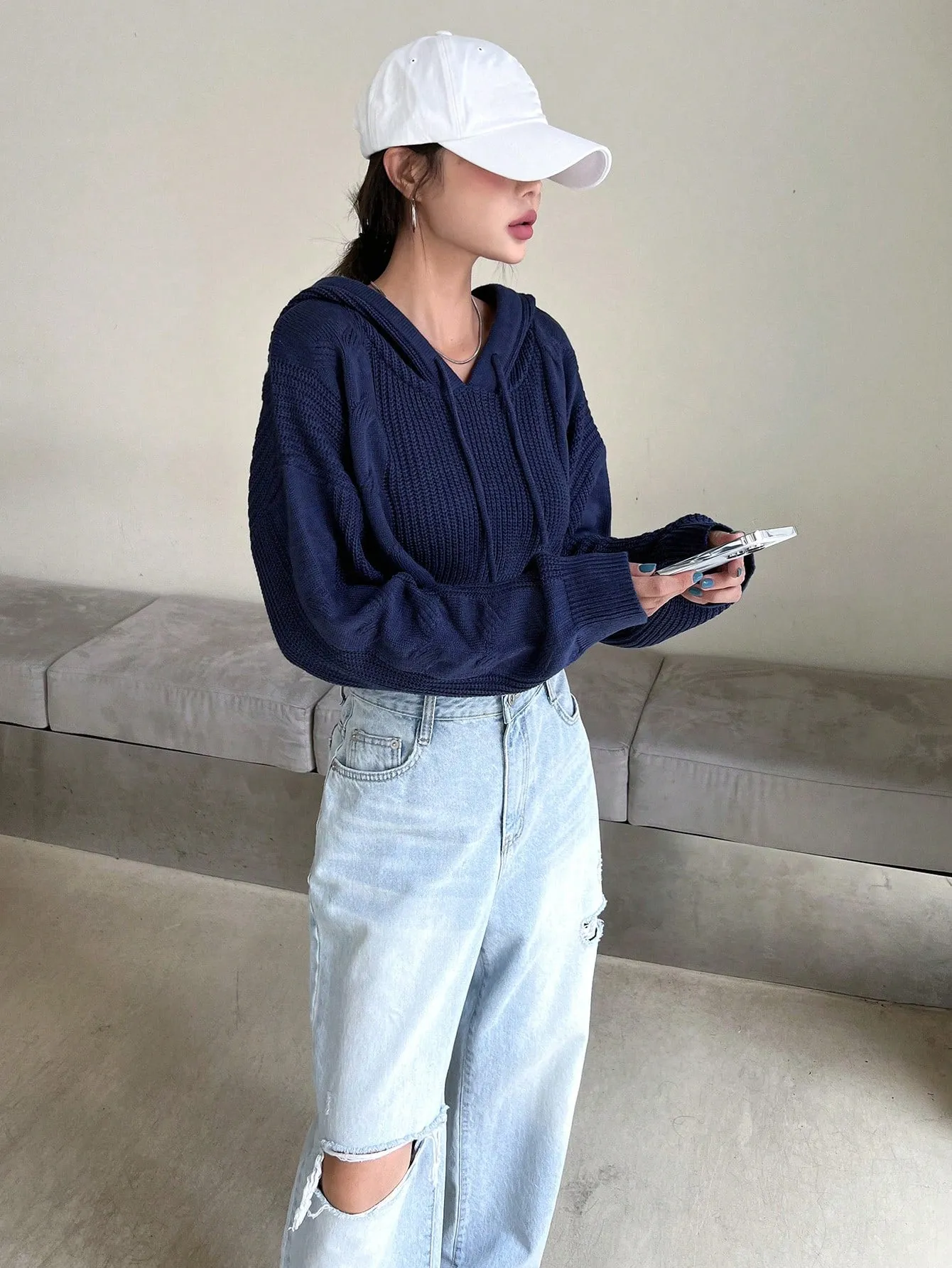 DAZY Solid Drop Shoulder Drawstring Hooded Crop Sweater