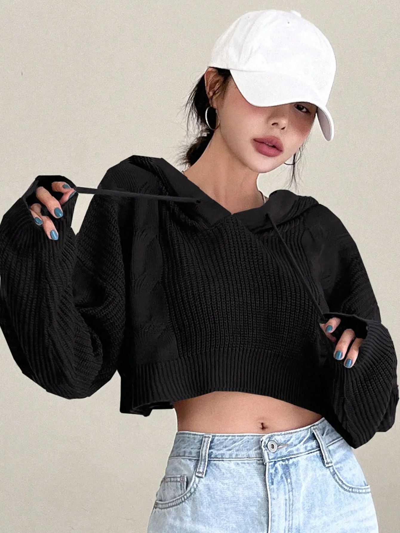 DAZY Solid Drop Shoulder Drawstring Hooded Crop Sweater