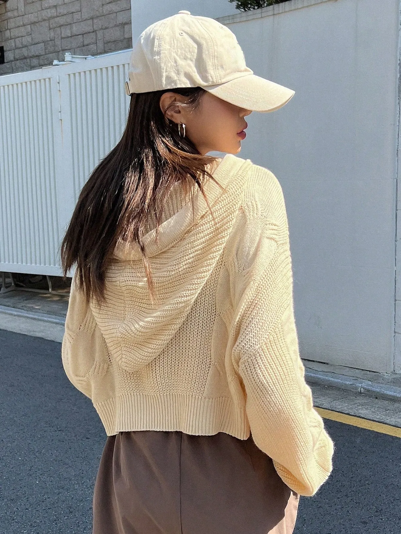 DAZY Solid Drop Shoulder Drawstring Hooded Crop Sweater