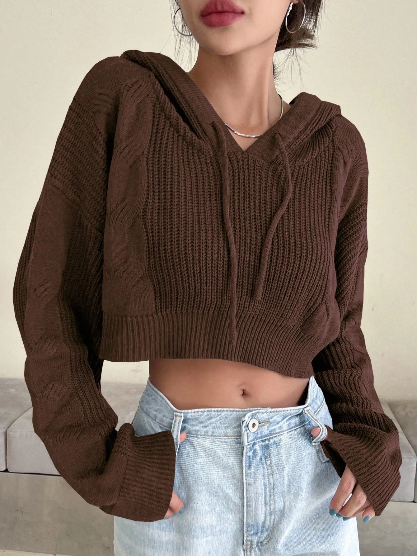 DAZY Solid Drop Shoulder Drawstring Hooded Crop Sweater