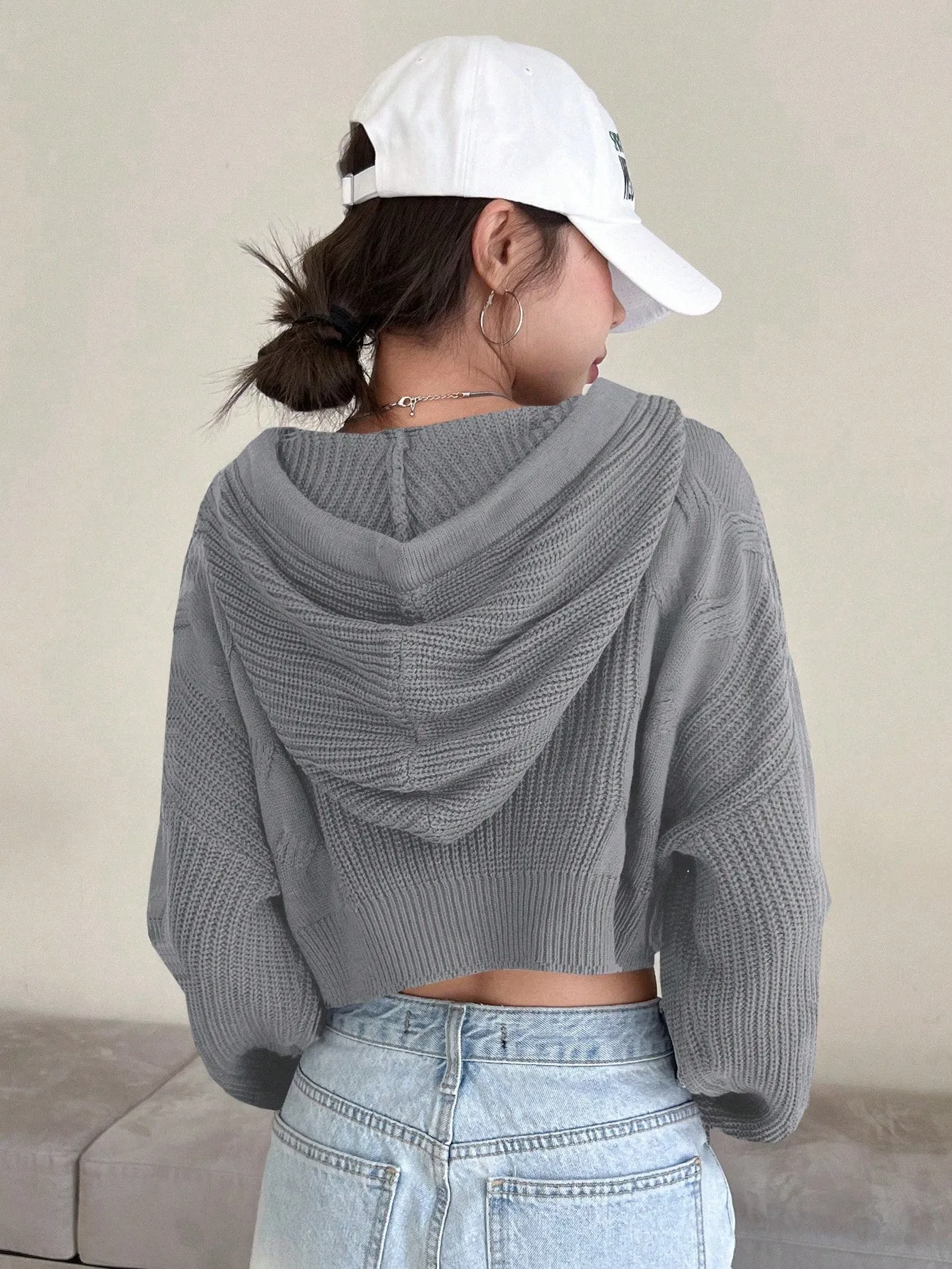 DAZY Solid Drop Shoulder Drawstring Hooded Crop Sweater