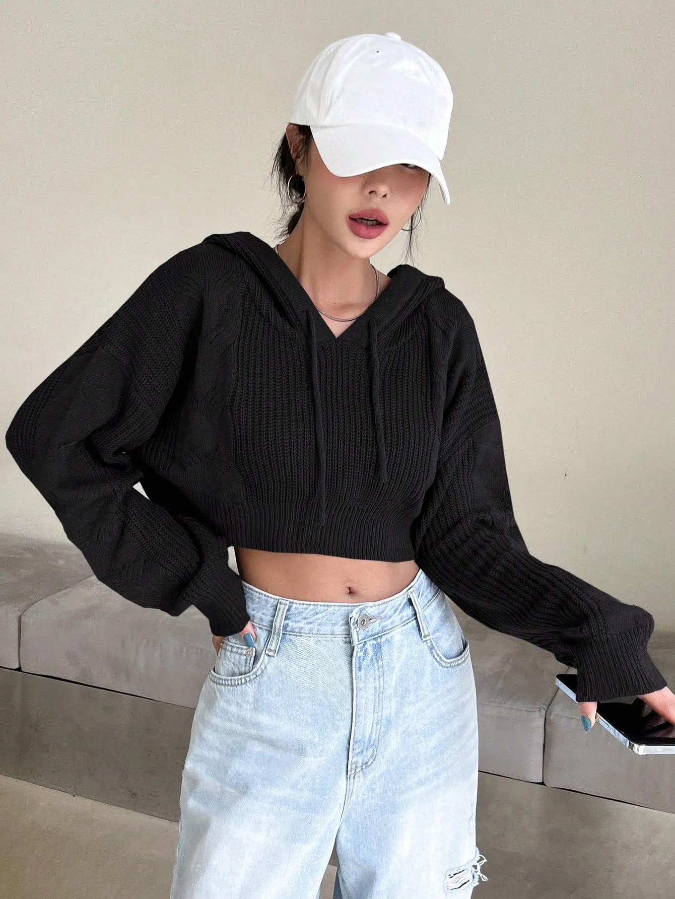 DAZY Solid Drop Shoulder Drawstring Hooded Crop Sweater